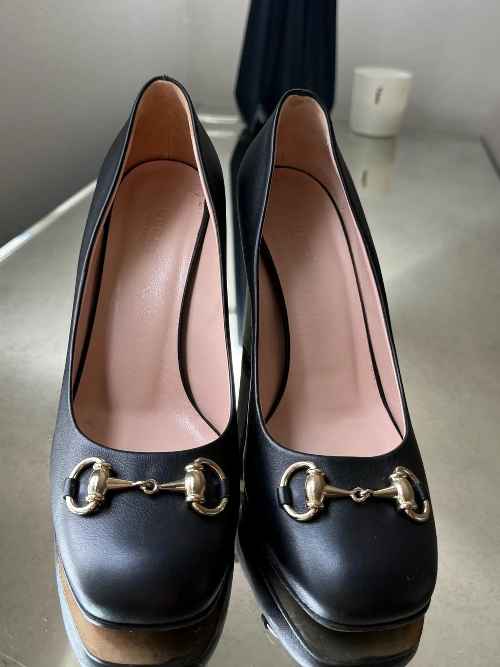 Gucci Black Leather Block Heel Pumps with Gold Horsebit , Size 7.5 ( 38) - Picture 4 of 9